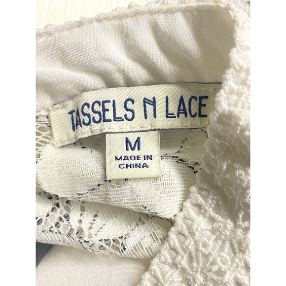 Tassels N Lace Off White Gauzy Dress w Long Lace Sleeves Size M Keyhole Back - Picture 8 of 10